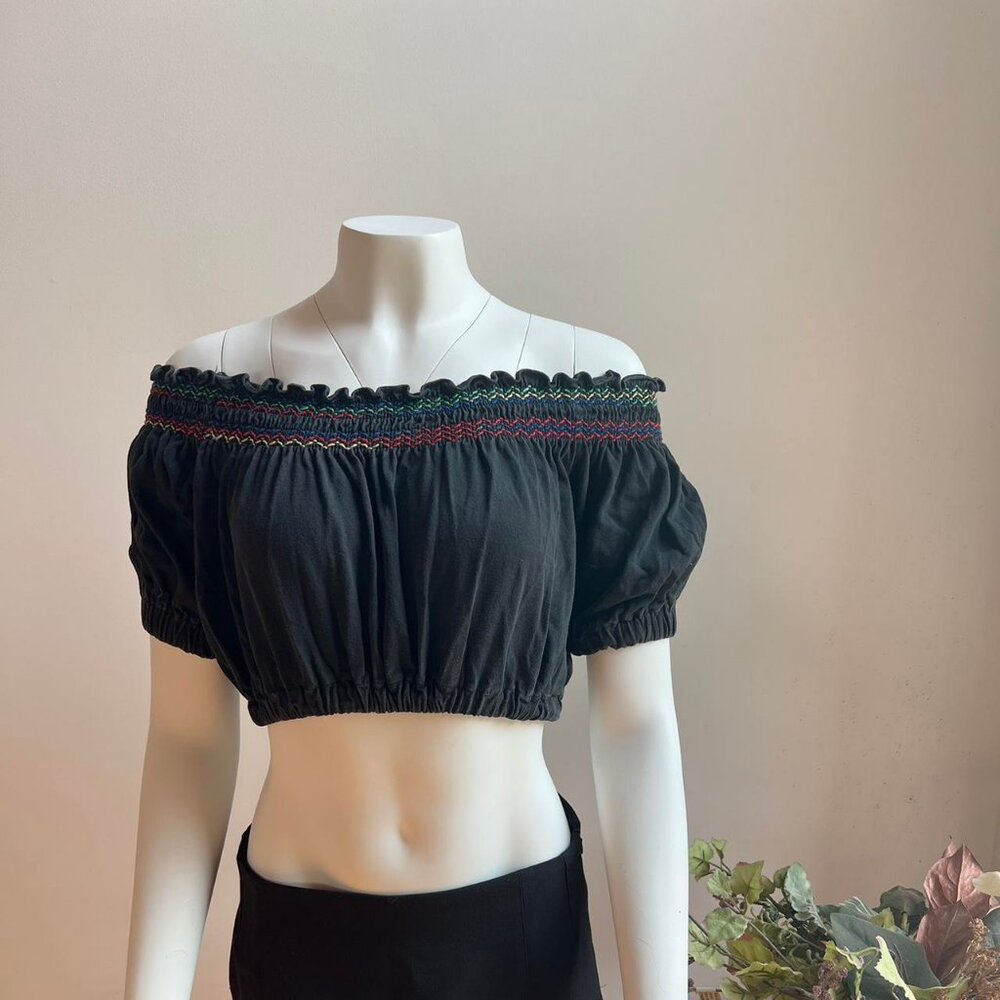 Black Vintage off the shoulder crop top with multicolor stitch detailing